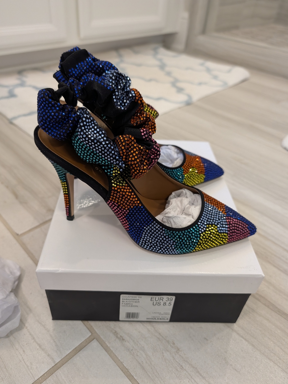 Kurt Geiger Countess Muli Crystal High Heels with Scrunchie Ankle Strap. 8.5 NWT